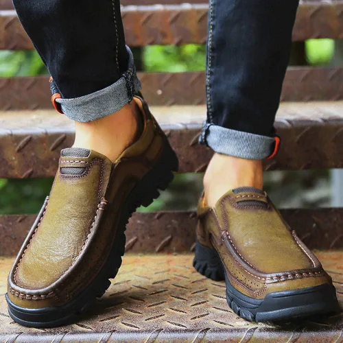 Vista 5 de Zapatos informales sin cordones para hombre, mocasines de piel cómodos para caminar.