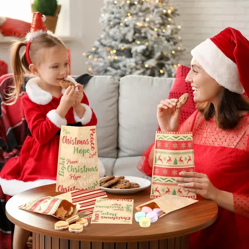 Vista 4 de Pasimy 100 bolsas de papel kraft de Navidad autoadhesivas, vintage