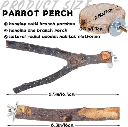 Vista 6 de 8 piezas de perca de pájaro de madera natural para loro, tenedor, juguetes colgantes de múltiples ramas, hamaca de juguete para guacamayos