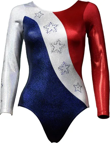Vista 5 de Look-It Activewear Leotardo de gimnasia de manga larga con brillo rojo, blanco y azul para niñas y mujeres