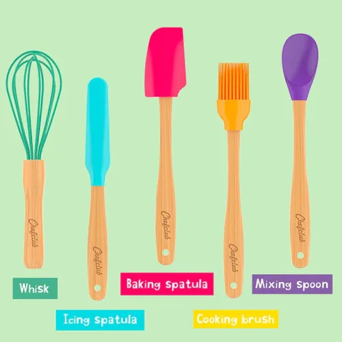 Vista 3 de Chefclub Kids Montessori - Juego de utensilios de cocina de 5 piezas, silicona antiadherente resistente al calor para niños y principiantes