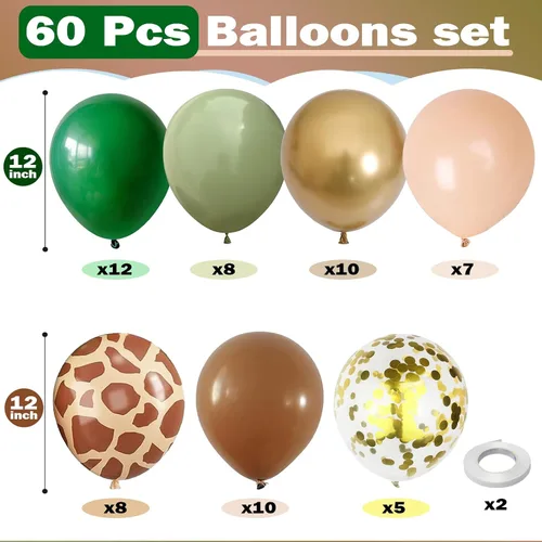 Vista 2 de Globos de color verde salvia marrón, paquete de 60 globos con estampado Verde Marrón Oro