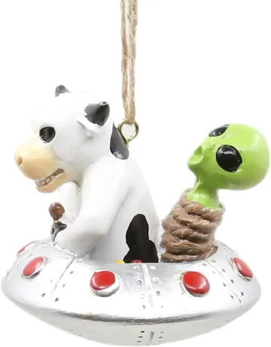 Vista 4 de Bella Haus Christmas Shoppe - Adorno de platillo volador con giro de abducción alienígena Divertida decoración navideña de ovni y vaca Ideal