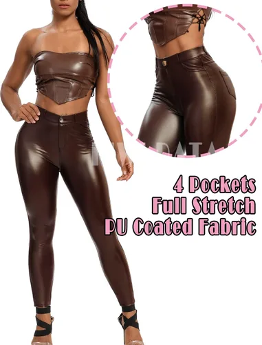 Vista 3 de KIWI RATA - Leggings de piel sintética de poliuretano, cintura alta, para mujer, con levantamiento de glúteos, color negro, sexy, para deportes