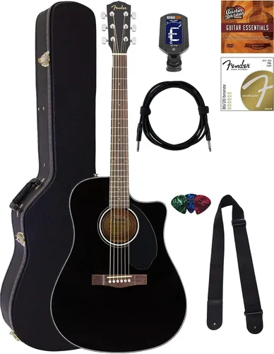 Vista 14 de Fender CD-60SCE - Guitarra electroacústica Dreadnought de tapa sólida - Paquete negro con funda, cable, afinador, correa, cuerdas, púas, DVD