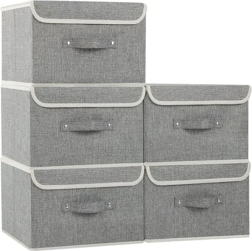 Vista 16 de Cajas de almacenamiento, contenedores de almacenamiento plegables con tapas, cestas de almacenamiento de tela de algodón y lino con asa
