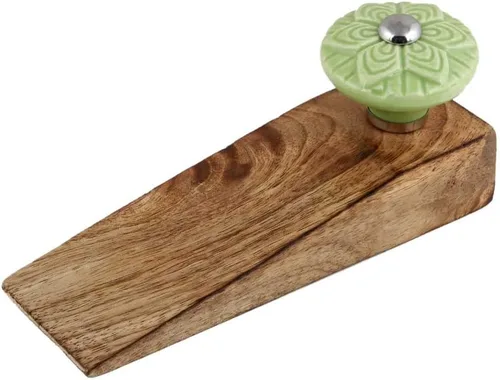 Vista 17 de IndianShelf - 1 tope decorativo de cerámica y madera para la parte inferior de la puerta, color azul, resistente, base de goma antideslizante, tope