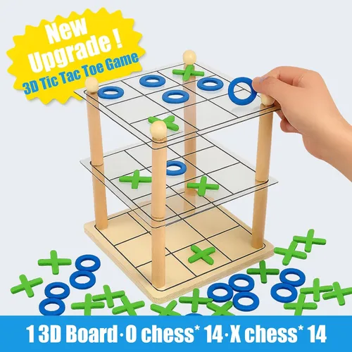 Vista 2 de Juego de mesa de madera 3D Ultimate Tic Tac Toe - Juego de estrategia XO clásico para niños y adultos, divertidos juegos de mesa familiares