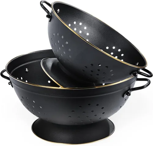 Vista 9 de Juego de 2 coladores de metal, 3,3 L con recubrimiento en polvo, base de anillo sólido autodrenante, colador grande de metal para cocina, pasta