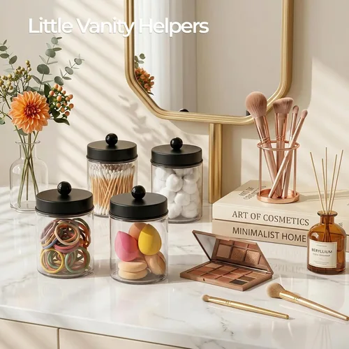 Vista 5 de Amolliar Apothecary Tarros organizador de tocador de baño, tarro de encimera con tapa de almacenamiento, soporte dispensador de vidrio para Qtips