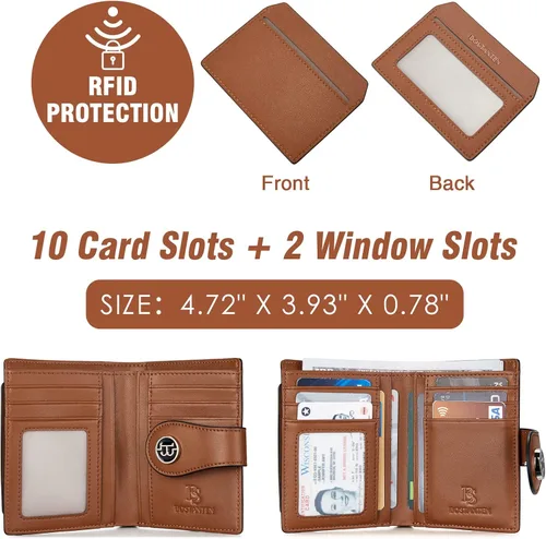 Vista 4 de BOSTANTEN - Billetera de cuero para mujer con bloqueo RFID, pequeña, con cremallera, de bolsillo, para tarjetas, con ventana para documento