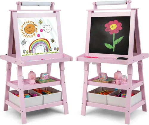 Vista 12 de Costzon Kids Art Easel, 3 in 1 Double-Sided Painting Easel w/Magnetic Whiteboard, Chalkboard & Paper Roll, 2-Tier Storage Rack & 2 Boxes, Standing