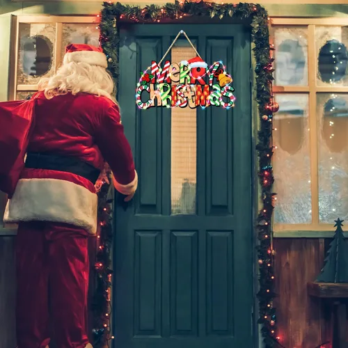 Vista 5 de Letrero de puerta con texto en inglés "Merry Christmas", decoración de árbol de Navidad, adorno de madera para colgar cabina de fotos con cuerdas
