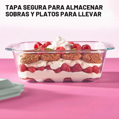Vista 4 de [Usado] Pyrex Plato para hornear de vidrio profundo con tapa de plástico, cazuela profunda, recipiente de alimentos de vidrio, apto para horno