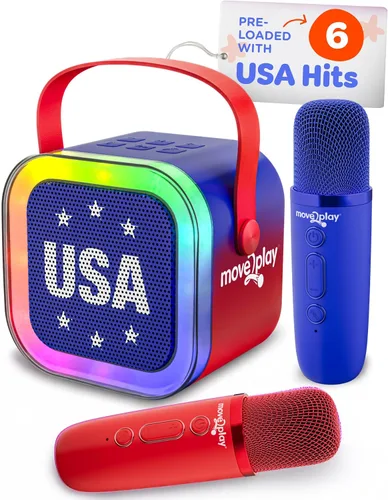 Vista 9 de Move2Play, Mini máquina de karaoke para niños Más de 20 canciones integradas Altavoz Bluetooth con micrófonos Efectos de voz Juguete musical