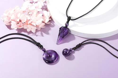 Vista 4 de Jovivi Juego de 3 collares de piedra de cristal curativo para hombres y mujeres, amatista natural, obsidiana negra, ojo de tigre, piedras preciosas