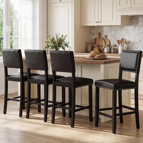 Vista 11 de LSSBOUGHT Taburete de bar tapizado de tela de lino con patas de madera de goma, silla de bar con ribete clavado para isla de cocina