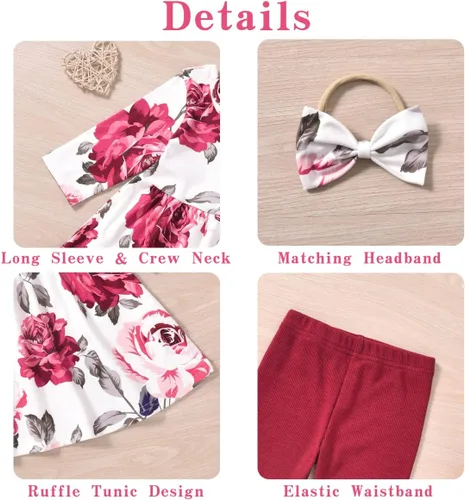 Vista 4 de Aalizzwell Conjunto de túnica floral para niñas pequeñas para otoño e invierno Rojo