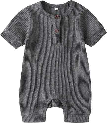 Vista 90 de Mameluco unisex de manga corta para bebé recién nacido, con botones, de una pieza, ropa de color sólido