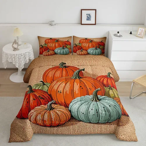 Vista 3 de Juego de edredón de calabaza para niños, edredón acolchado de calabazas de dibujos animados, tamaño individual, juego de ropa de cama a cuadros