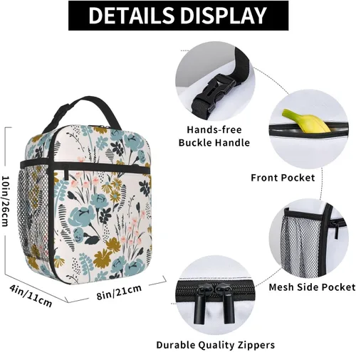 Vista 2 de FREEHOTU Bolsa de almuerzo con patrón floral, doble aislamiento, a prueba de fugas, bolsa de mano, organizador de almuerzo para trabajo, picnic
