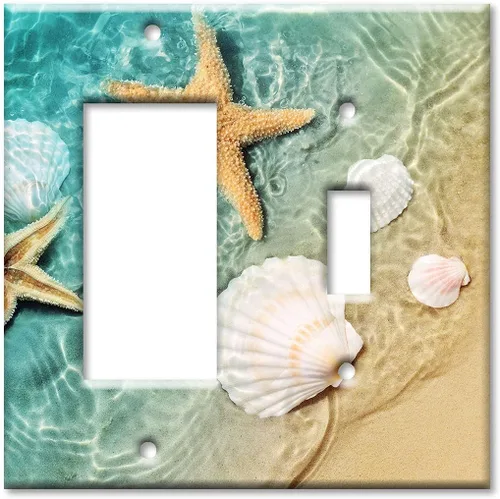 Vista 16 de Art Plates - Placa de interruptor de combinación de dos bandas - Toma de corriente - Palanca - Conchas de mar y peces estrella en piscina de mareas