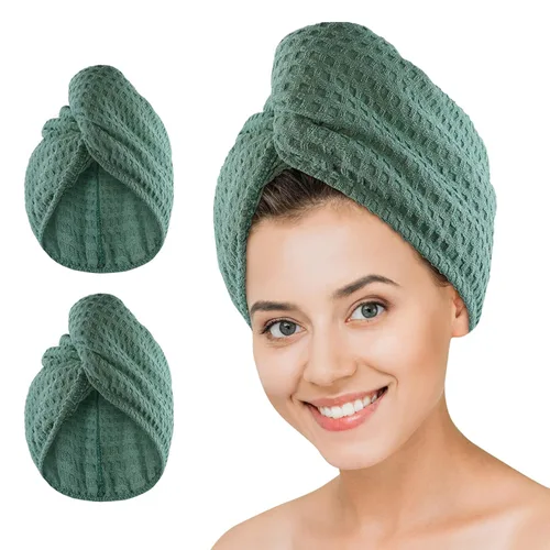 Vista 10 de Dolwis Toalla de secado de pelo de microfibra, 2 paquetes de turbante de pelo largo tipo waffle, paño de rizo de secado rápido, absorbente y Gris