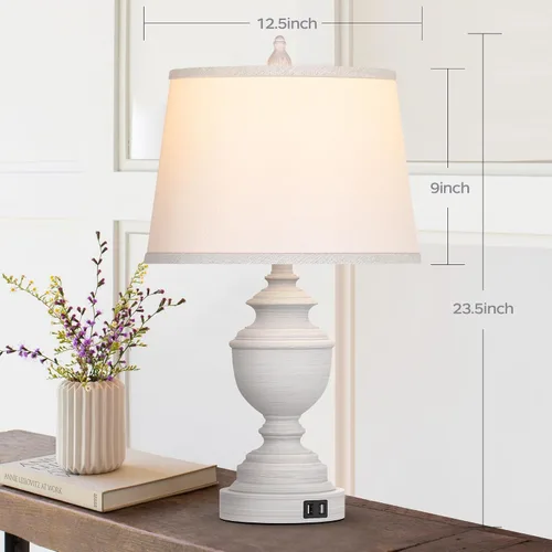 Vista 8 de Juego de 2 lámparas de mesa, lámpara moderna de mesita de noche estilo granja con puertos USB, control táctil regulable de 3 vías, lámparas de Blanco