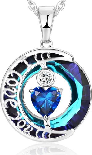 Vista 44 de Collares de cristal para mujer, regalos para aniversario de esposa, regalos de cumpleaños para mujeres, collar de zafiro azul con la frase "I Love