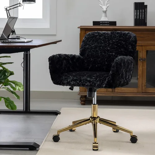 Vista 3 de HomVent Bonita silla de oficina peluda, moderna silla de piel sintética negra con ruedas y base dorada, silla giratoria ergonómica ajustable