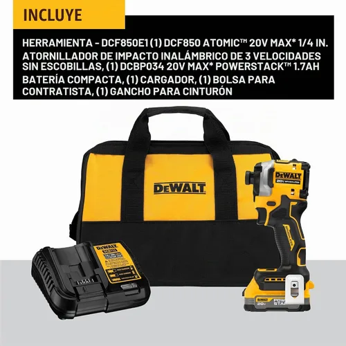 Vista 2 de DEWALT Kit de taladro de impacto inalámbrico ATOMIC de 20 V, 1/4 de pulgada, batería y cargador incluidos (DCF850E1)