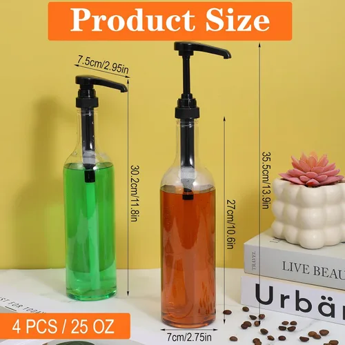 Vista 2 de 4 botellas de jarabe con bomba, botellas transparentes de cuello largo de 25 onzas / 25.4 fl oz, dispensador de bomba de jarabe de plástico