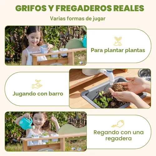 Vista 7 de ROBUD Cocina de barro para niños al aire libre, cocina de barro de madera para niños con fregadero extraíble, taza de plantación, horno, pizarra