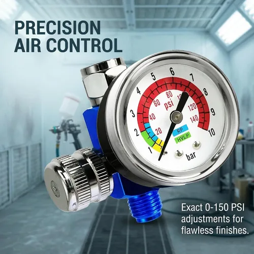 Vista 2 de LE LEMATEC Regulador de compresor de aire y válvula de control de flujo con manómetro - para herramientas neumáticas, pintura en aerosol, inflado