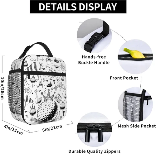 Vista 5 de Fiambrera de golf portátil aislada, bolsas de almuerzo multicolor de dibujos animados para mujeres, hombres, niños, niñas, escuela, trabajo
