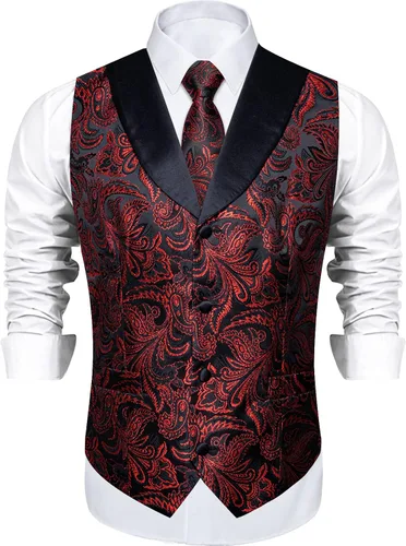 Vista 3 de DiBanGu Chaleco de traje de cachemira para hombre, chaleco jacquard de seda y corbata, chaleco formal de cuello de chal, 7 piezas para fiesta