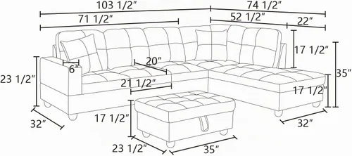Vista 2 de Sofá modular para sala de estar, sofá seccional de cuero marrón en forma de L con diván y otomano de almacenamiento para sala de estar B- marrón