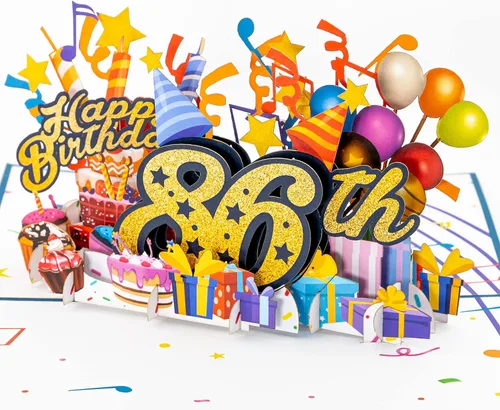 Vista 15 de iGifts And Cards Tarjeta desplegable 3D de feliz cumpleaños 84 – Diseño azul con números de purpurina, globos, pasteles y regalos – Tarjeta