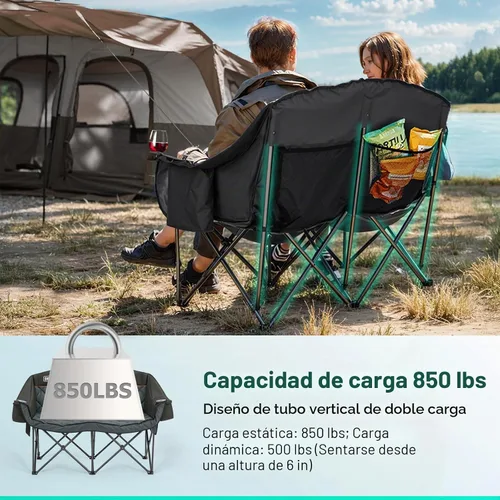 Vista 6 de Overmont Silla de camping doble de gran tamaño, plegable portátil con bolsa Loveseat Negro