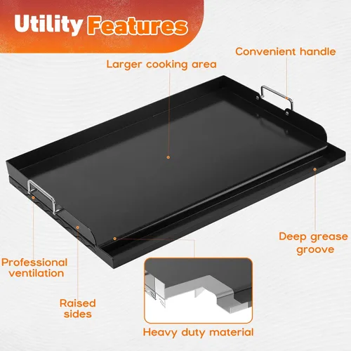 Vista 3 de Skyflame Plancha Universal de Parrilla de 23"x16", Parrilla Plana de Superficie de Cerámica Antiadherente para BBQ con Manija y Ranuras para Grasa