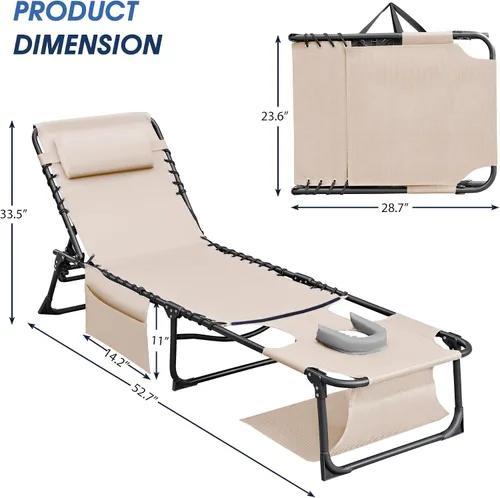 Vista 3 de Flamaker Silla Tumbona boca abajo ajustable de 5 posiciones para tomar el sol, silla de bronceado plegable con agujeros para la cara y los brazos