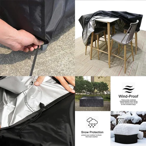 Vista 6 de Cubierta de mesa de patio de tela Oxford 420d impermeable a prueba de viento, para sillas exteriores, sofá, almacenamiento, rectangular, negro