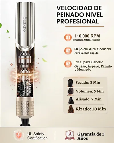 Vista 2 de 6-in-1 Hot Air Brush & Hair Dryer, 110,000 RPM High-Speed Ionic Blow Dryer Gold