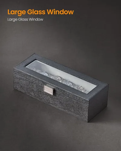 Vista 4 de Caja de reloj, regalos de Navidad, caja de reloj de 6 ranuras con tapa de vidrio grande, almohadas de reloj extraíbles, organizador, regalo