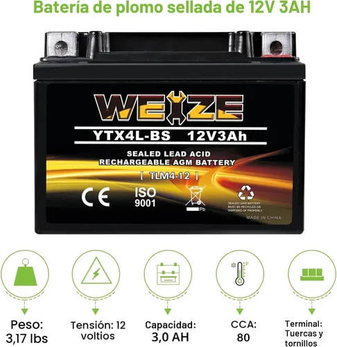 Vista 2 de Weize YTX4L-BS - Batería de motocicleta sellada recargable de alto rendimiento compatible con Polaris Scrambler, Sportsman 90, Honda Scooters NQ50
