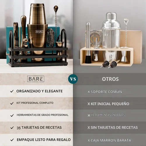 Vista 6 de BARE BARREL Mixology Bartender Kit Bar Set Juego de coctelera de 14 piezas Herramientas de mezcla de Martini Barware para el hogar 35 tarjetas