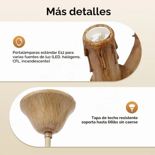 Vista 8 de TFCFL Candelabro de Astas, Lámpara Colgante de 6 Astas Estilo Rústico Retro Candelabro de Cuerno de Ciervo con Base E12, Lámpara de Astas con Altura