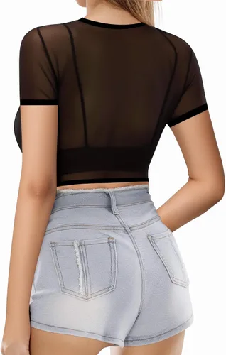 Vista 3 de MANGOPOP Blusa corta de manga corta de malla transparente para mujer