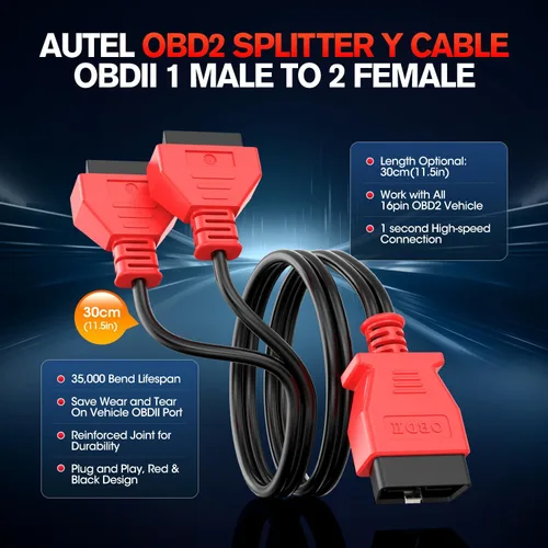 Vista 2 de Autel Divisor OBD2 original de 16 pines OBD II, 1 adaptador de cable de extensión macho a 2 hembras, cable de extensión OBDII (1 pie/11.8 in)