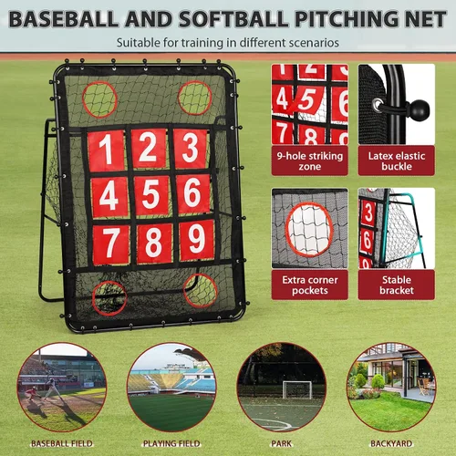 Vista 5 de Red de lanzamiento con zona de ataque, objetivo de lanzamiento de béisbol de 9 agujeros, equipo portátil de entrenamiento de béisbol de sóftbol